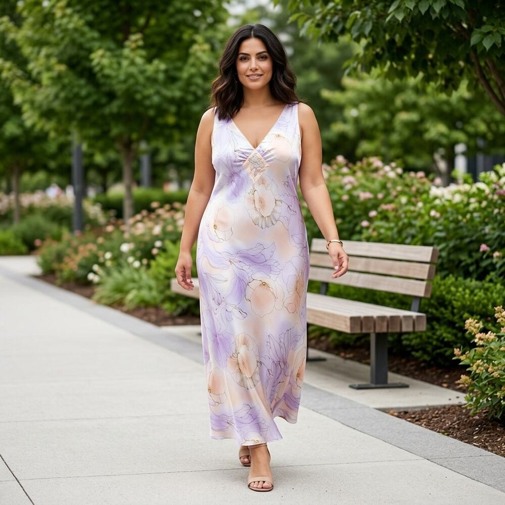 Jones New York Purple Floral Watercolor Satin Slip Dress Women Size XL - Picture 2 of 10